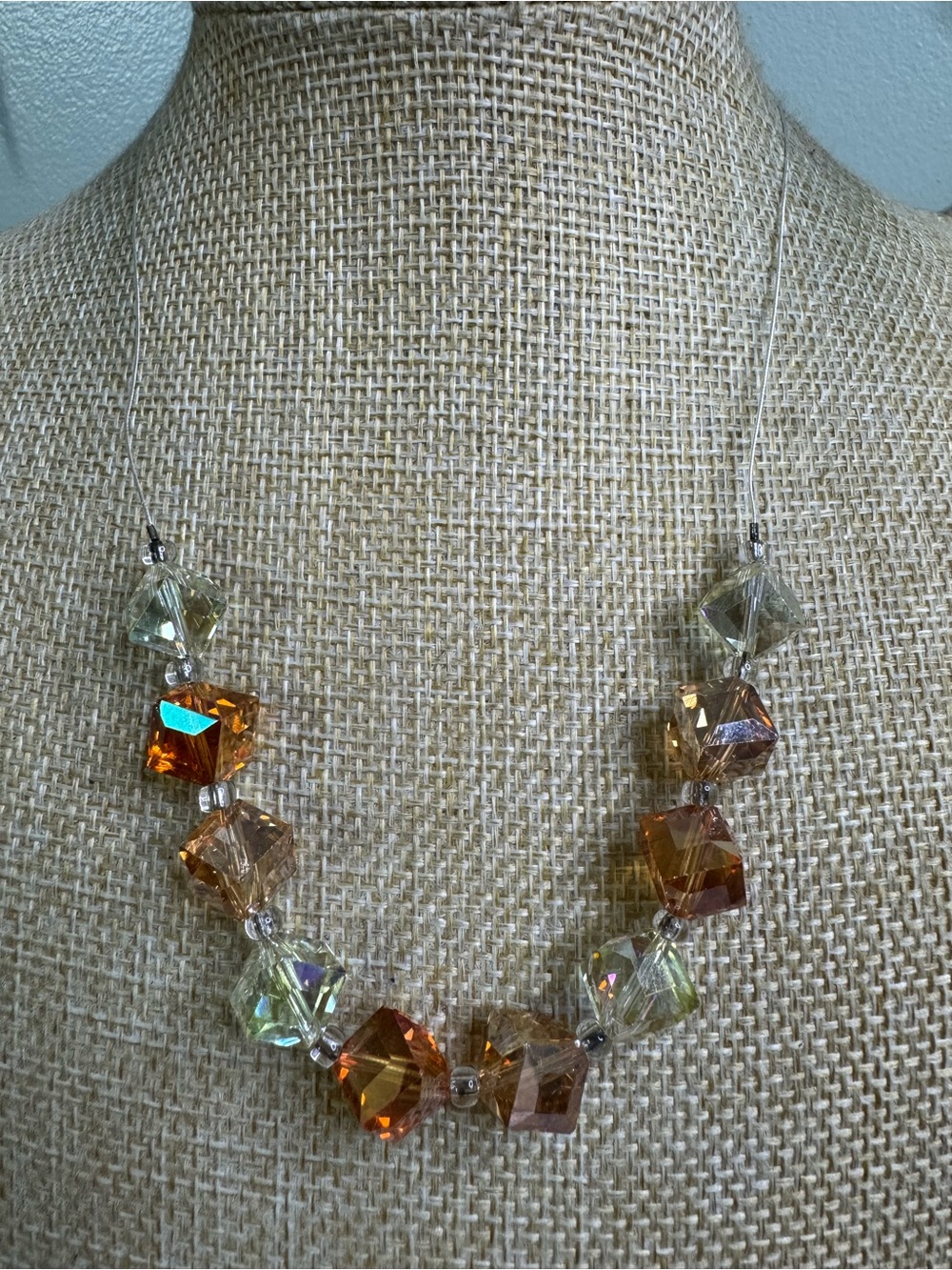 Amber and Champagne Cube Crystal Necklace - Floating Wire with Barrel Clasp